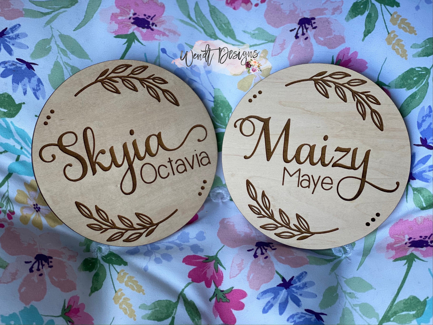 Floral Mini Name Round for Birth Announcement/Newborn Pictures - Fully Engraved