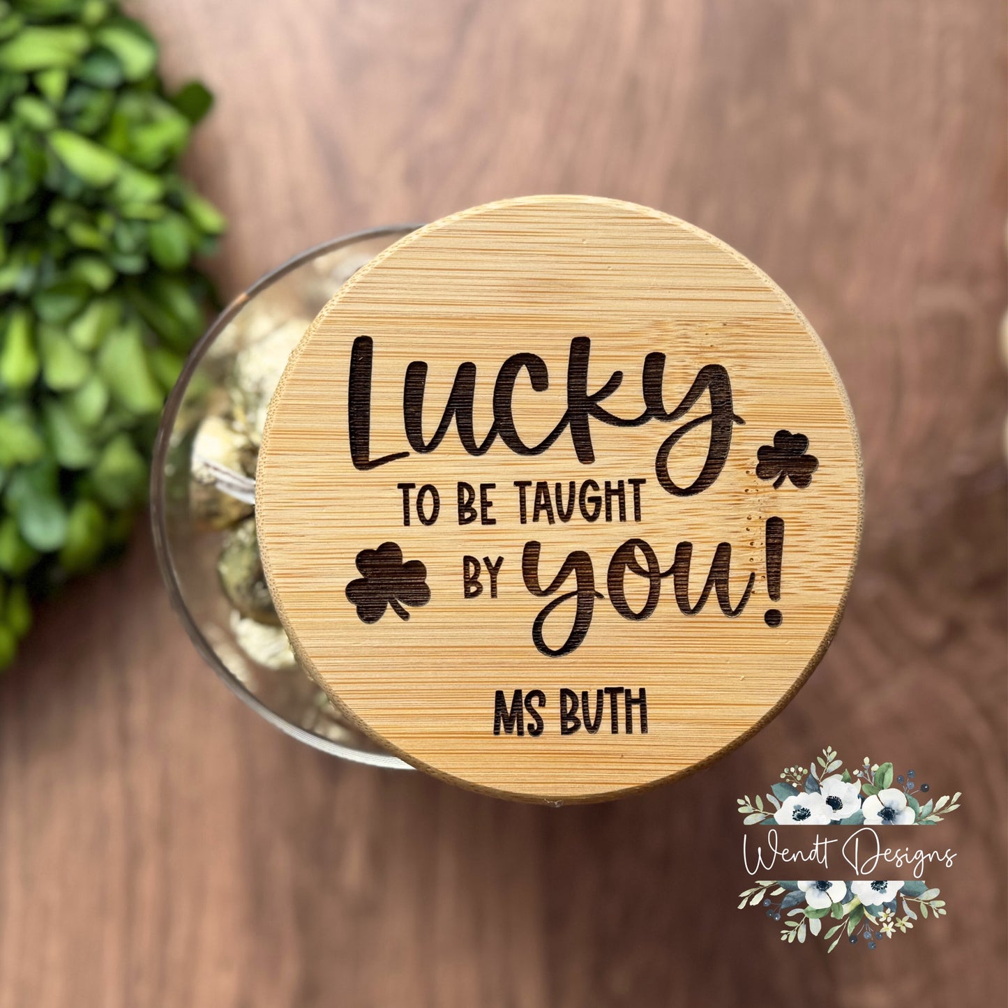 Engraved Candy and Desktop Jars - Glass Jar with Bamboo Lid