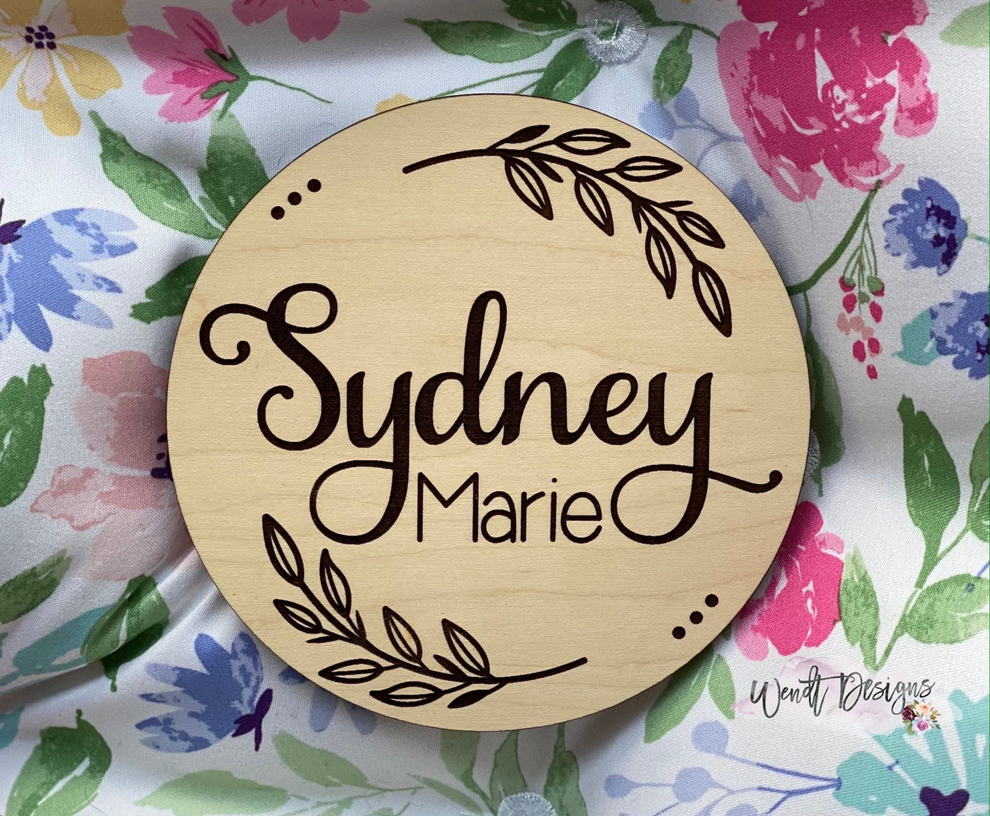 Floral Mini Name Round for Birth Announcement/Newborn Pictures - Fully Engraved