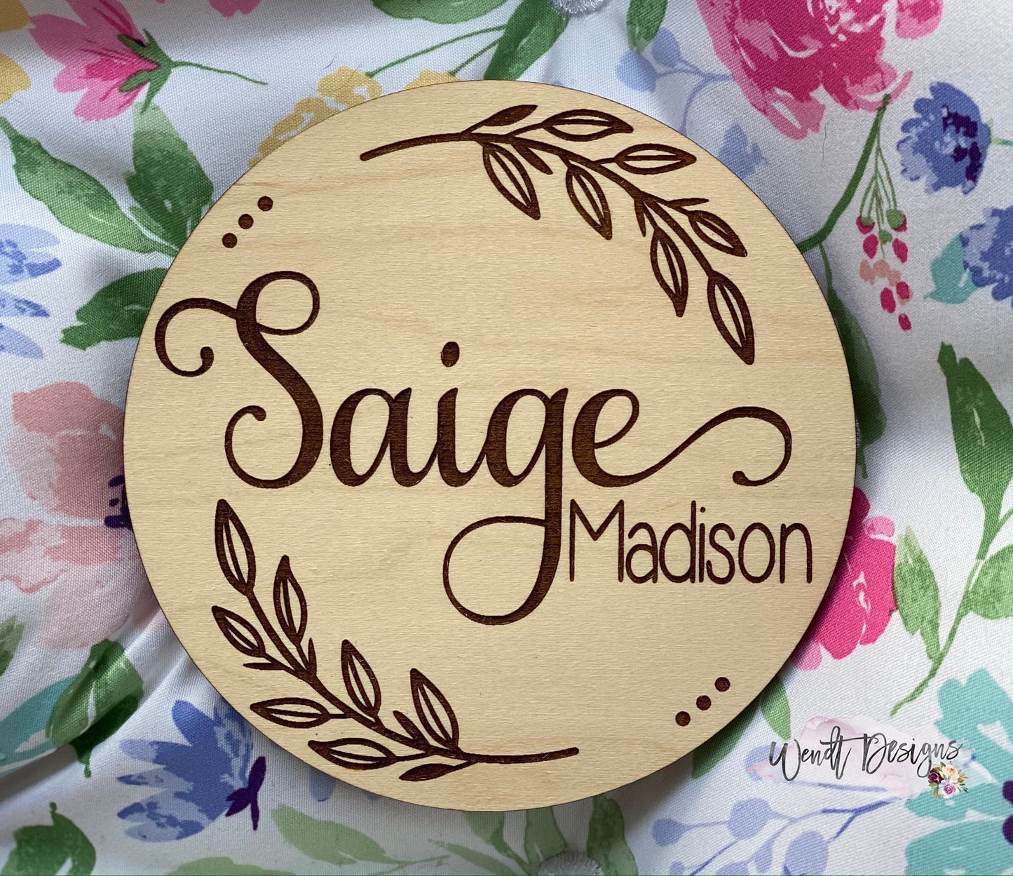 Floral Mini Name Round for Birth Announcement/Newborn Pictures - Fully Engraved