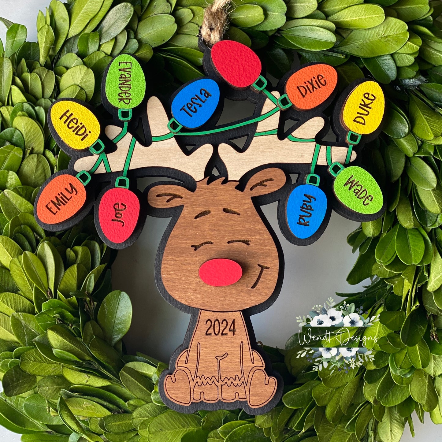 Reindeer Wrapped in Christmas Lights Family Ornament