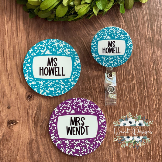 Composition Teacher Themed Magnets and Matching Badge Reel