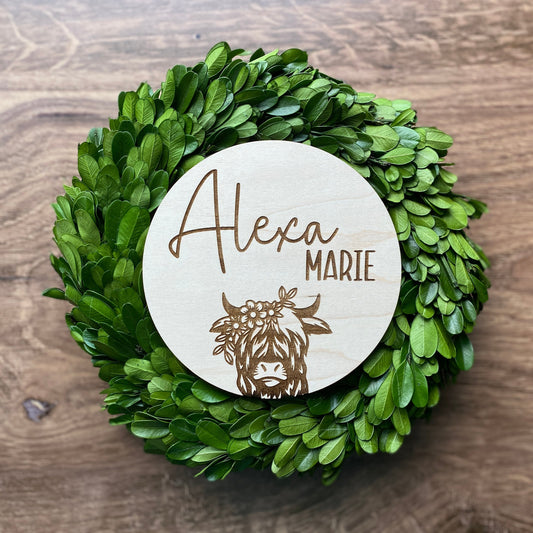 Highland Cow Baby Announcement, Mini Name Sign