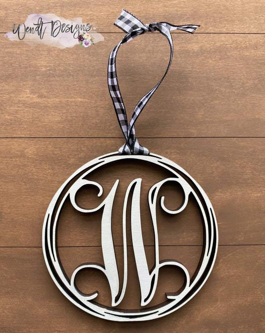 Initial Ornament, Rustic Circle Ornament, Personalized Ornament, Buffalo Check Christmas Ornament, Farmhouse Wood Ornament, Stocking Initial