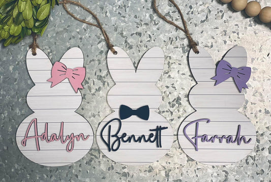 Shiplap Bunny Tag with 3D Name and Bow - WS